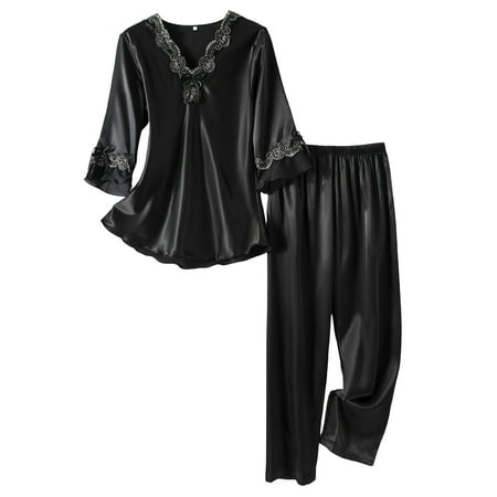 Tfken Summer Homewear Dresses For Women 2 Piece Long Sleeve V Neck Solid Color Tops With Pants Set Fashion Sleepwear Female Comfortable Loungewear Clothes Black
