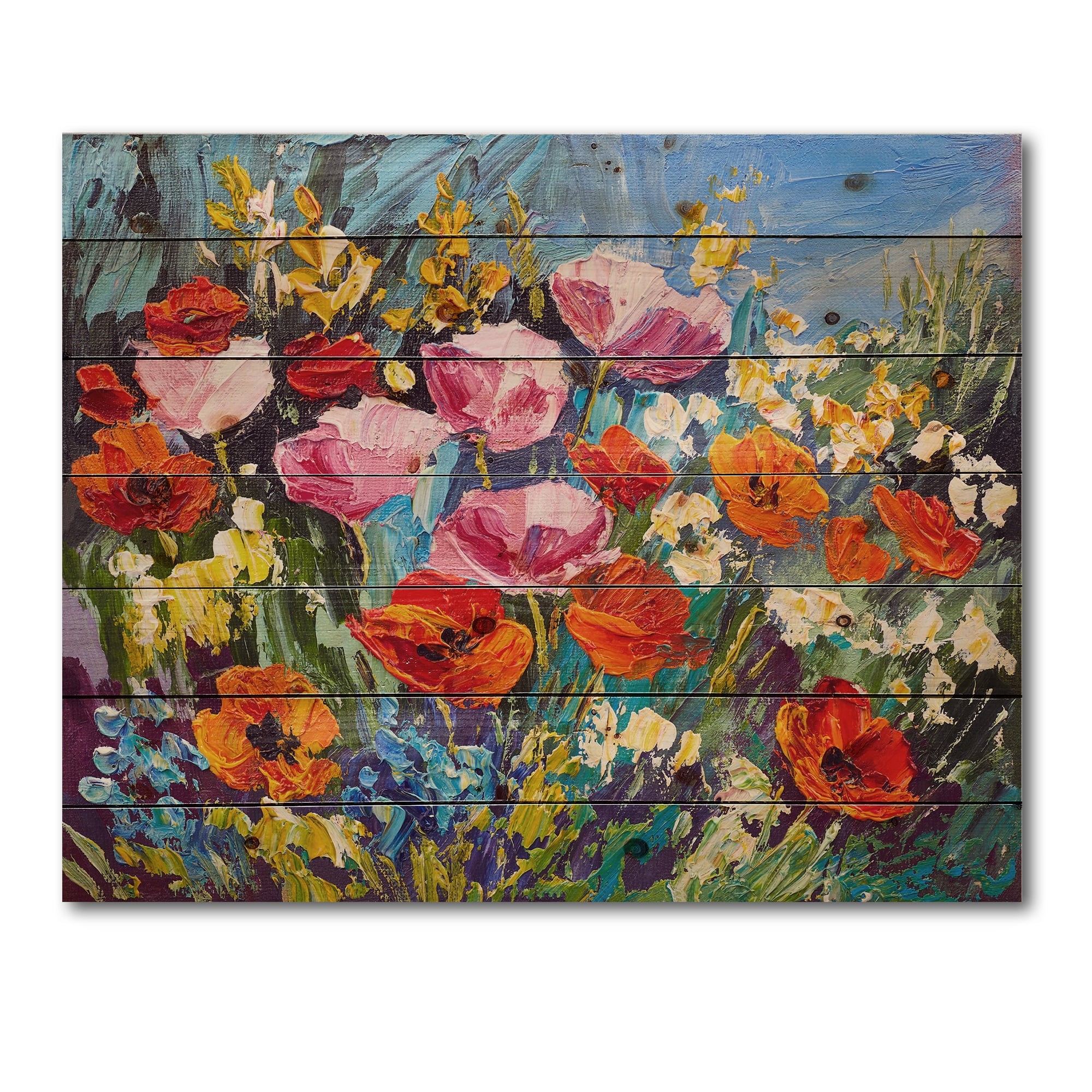 Designart 'Colorful Spring Poppies In Field' Traditional Print on Natural Pine Wood