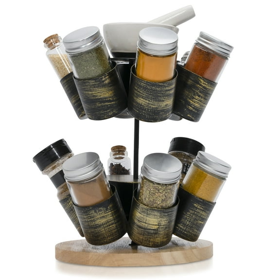 Made Easy Kit Spice and Seasoning Jar Carousel Organizer with Pestle and Mortar