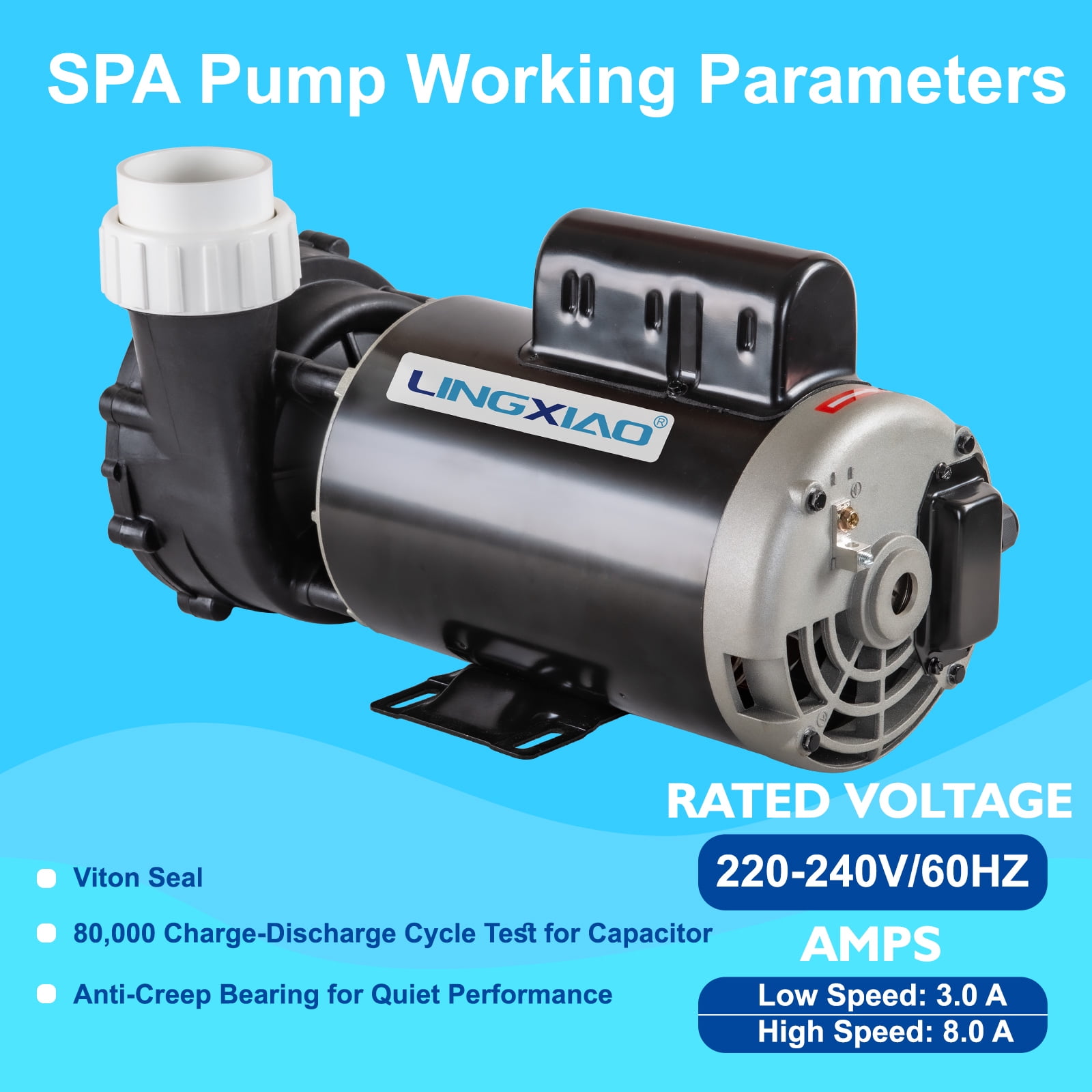 LINGXIAO 2 Speed SPA Pump, 2HP Hot Tub Pumps,  230V LX SPA Pump Motor, 2" Port, 56 Frame (Model: 56WUA200-II)