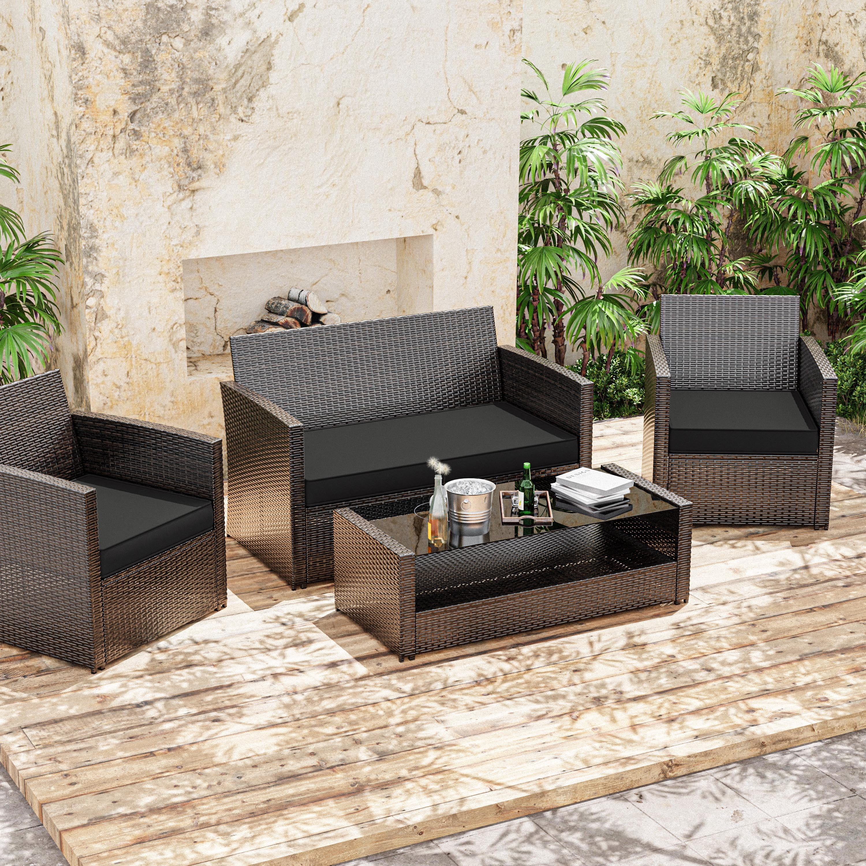 Snubbull 3 Pack Outdoor Replacement Cushions for 4-Seater Wicker Rattan Loveseat Sofa Chair Patio Furniture, 36 x 18 x 3,18 x 18 x 3, Black