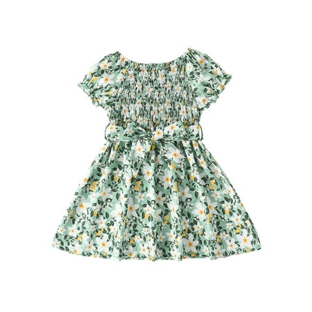 

Kid Girl Summer Dresses Short Sleeve Round Neck Floral Print High Waist Princess Party Casual A-Lined Dress