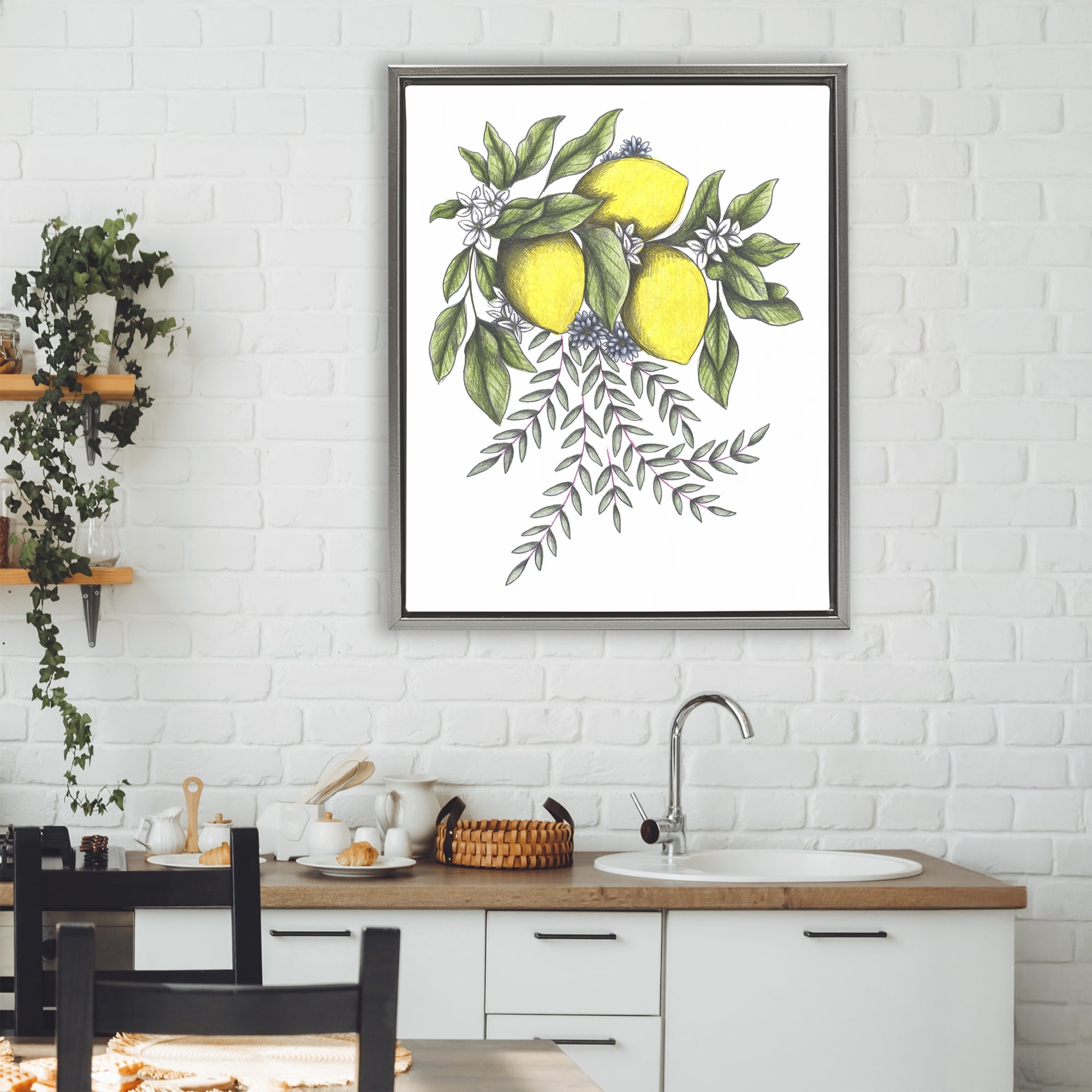 Lemons & Flowers Vintage Sketch Gray Framed Floater Canvas Wall Art, design by Cecilia Battaini