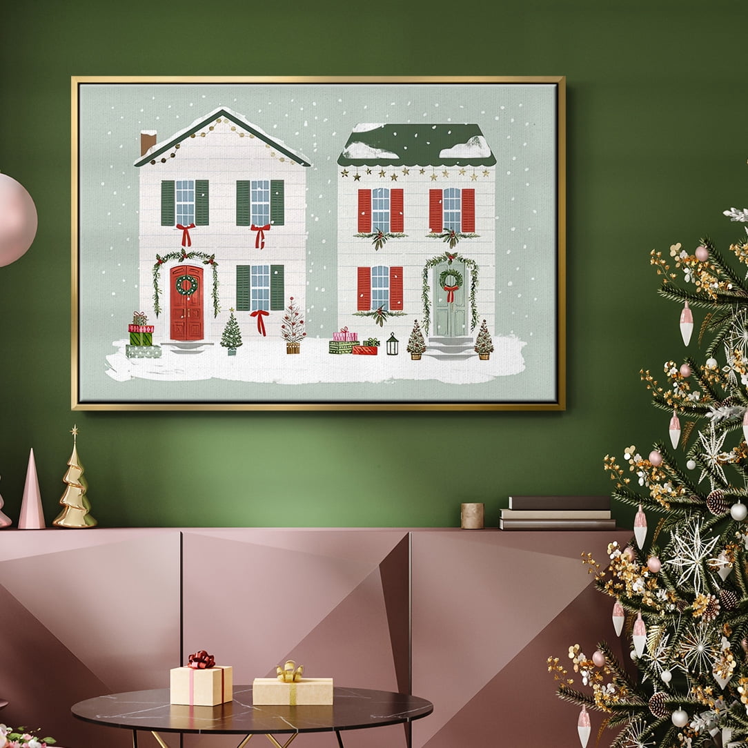 Festive Front Door Collection A - Framed Gallery Wrapped Holiday Canvas - 25 x 37 - Gold Frame