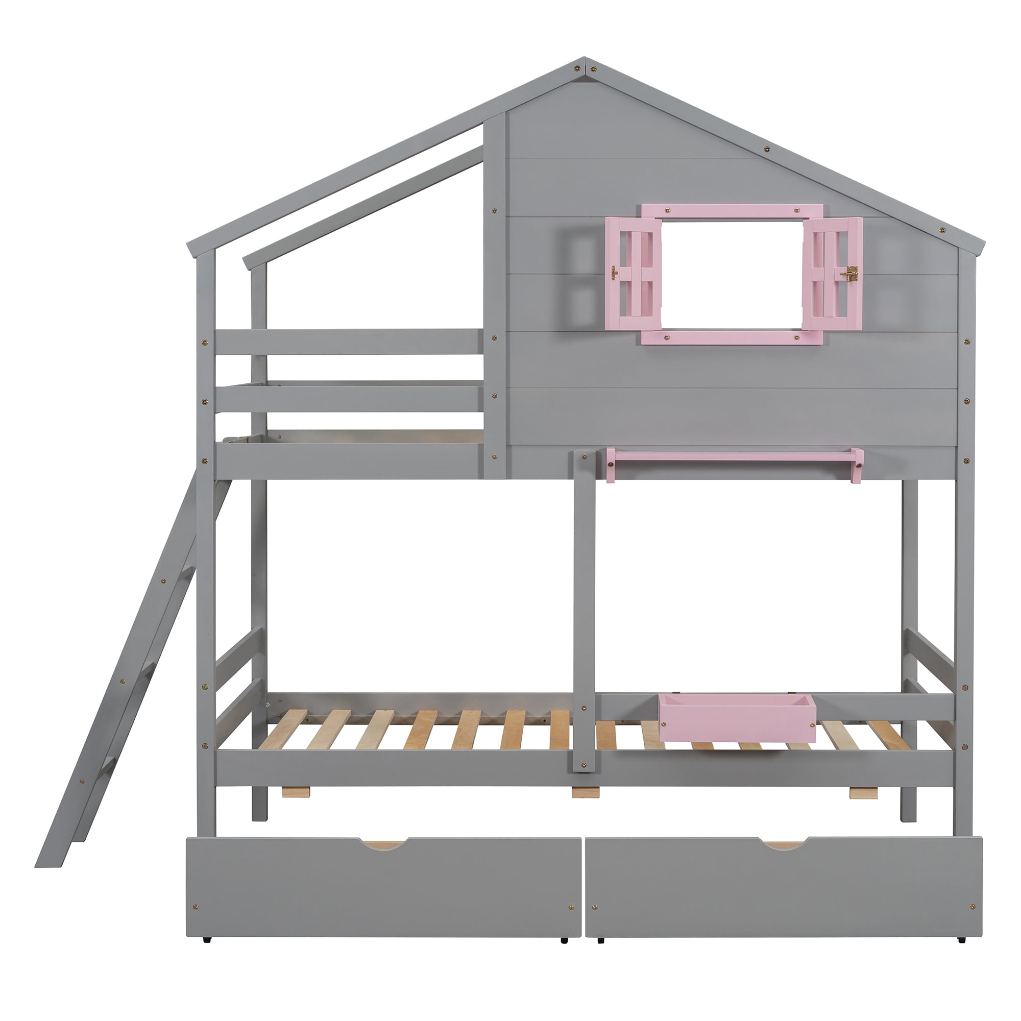 Euroco Wood Twin over Twin Bunk Bed, House Bed with Roof and Window, 2 Drawers and Cabinets for Kids Teens Bedroom, Gray