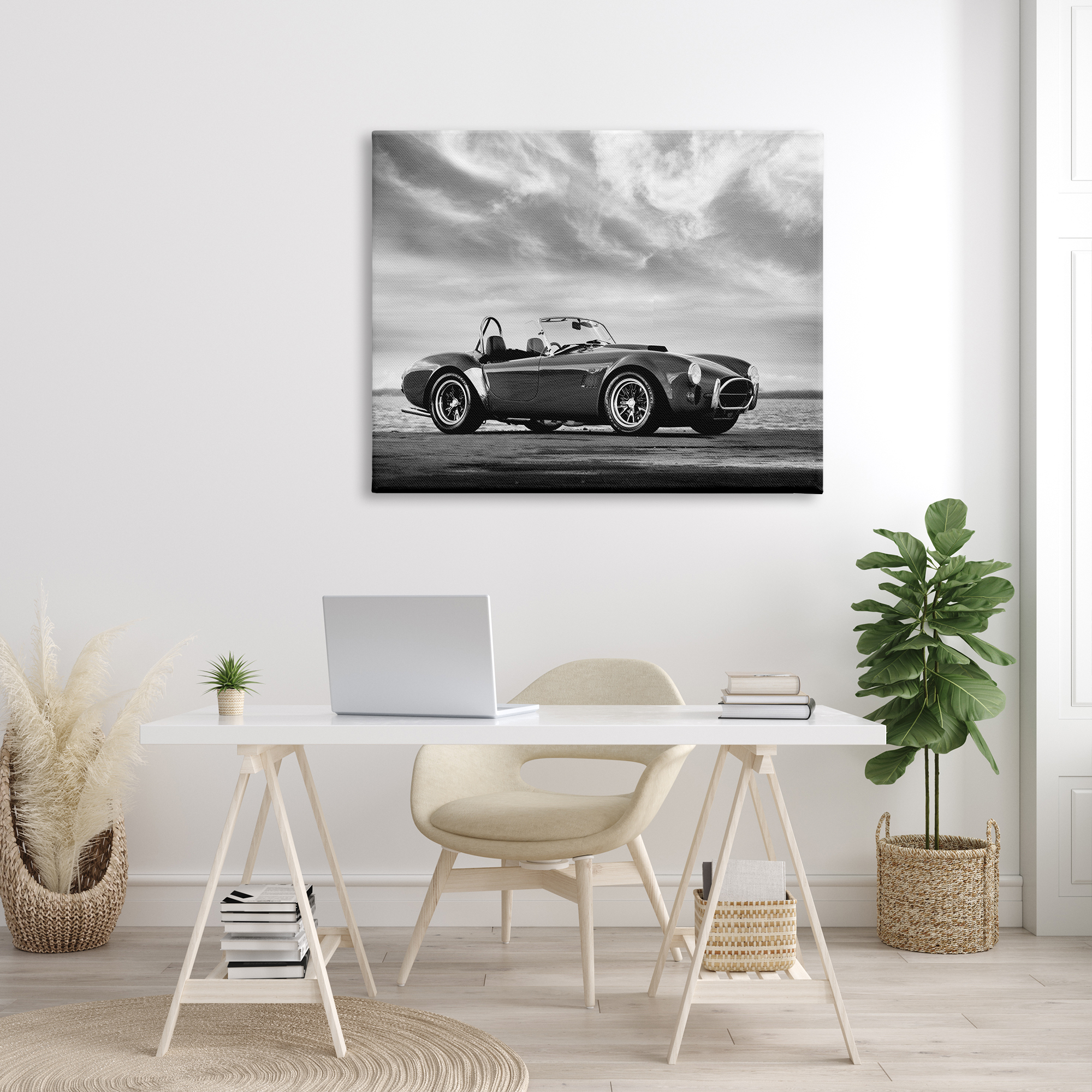 Stupell Industries Vintage Sports Convertible Car Beach Photography Black White, 48 x 36, Design by Mark Rogan