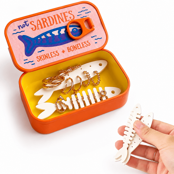 Retro Sardine Tin Travel Jewelry Case - 3D Printed Sardine Can Style with Fish-Shaped Holders for Rings, Earrings, and Charms - Portable Earring Organizer for Women and Men, Multicolor A