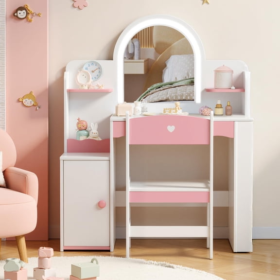Kids Vanity with Lights, Princess Girls Vanity with Open Storage Shelves, Toddler Vanity Table and Chair Set, Perfect for Bedroom or Playroom