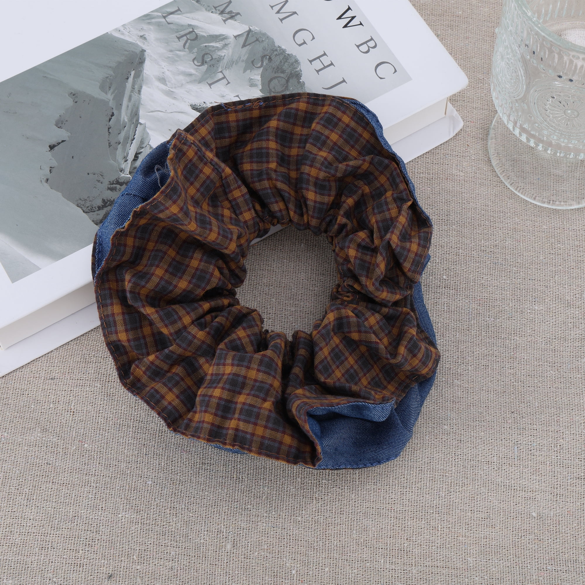 Unique Bargains Fashionable Denim Hair Ties All Occasions 1 Pc Blue, Brown Plaid