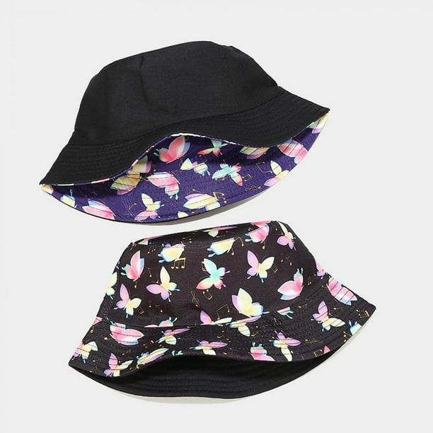 Ffiy Cute Butterfly Bucket Hat Beach Fisherman Hats For Women, Reversible Double-Side-Wear, Black