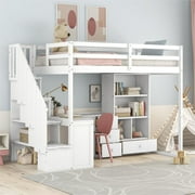 Pinovk Twin Size Loft Bed with L-Shaped Desk and Drawers, Cabinet and Storage Staircase, White