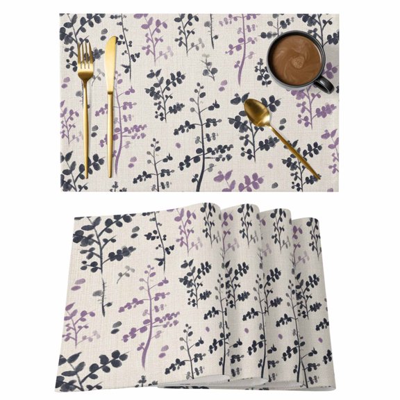 Purple Grey Botanical Placemats Set of 4, Rustic Country Spring Floral Summer Leaf Placemats for Dining Table, Place Mats for Kitchen Tabletop, Waterproof Wipeable Dining Table Mats Set