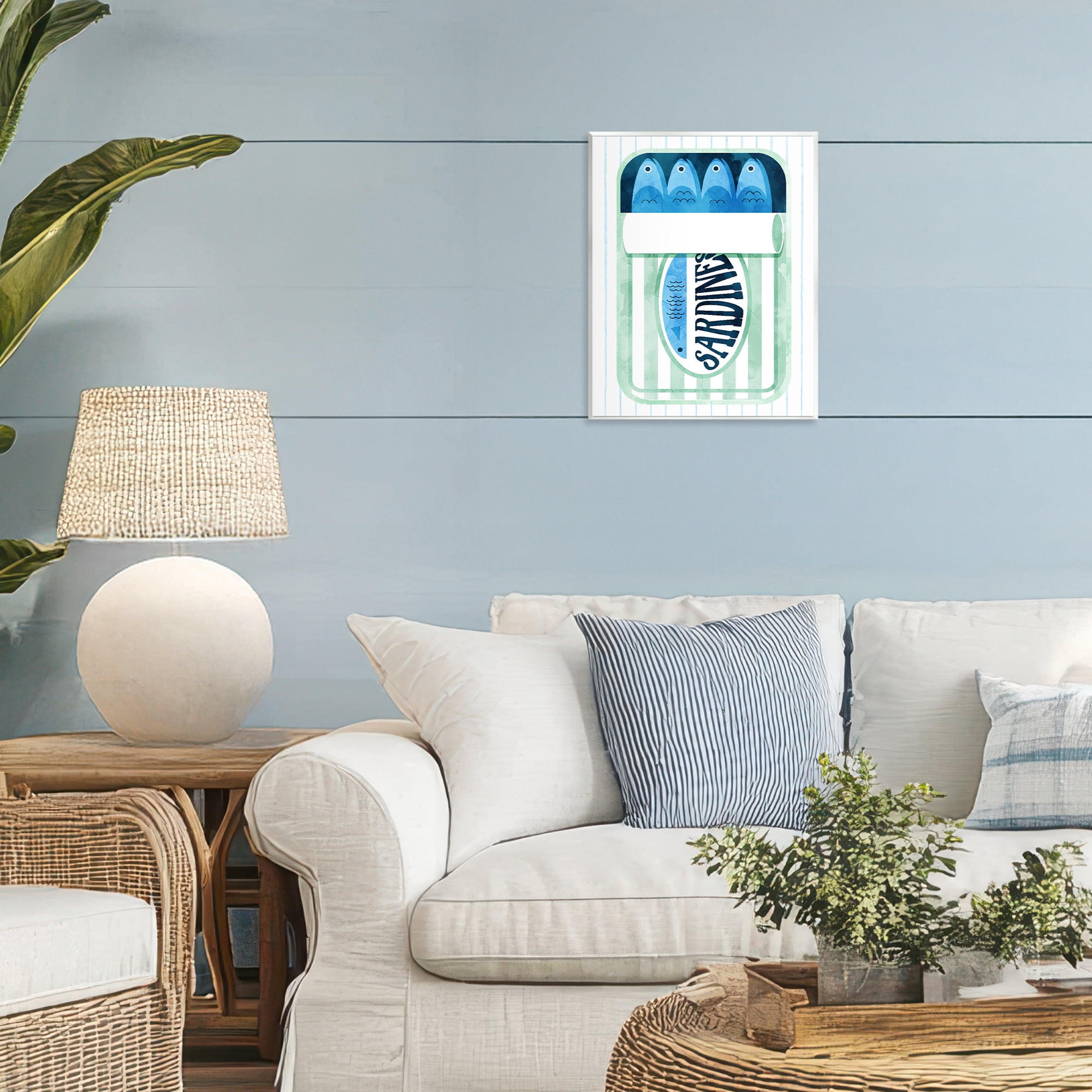Seafoam Sardine Tin over Stripes Wall Plaque Art, design by Daphne Polselli
