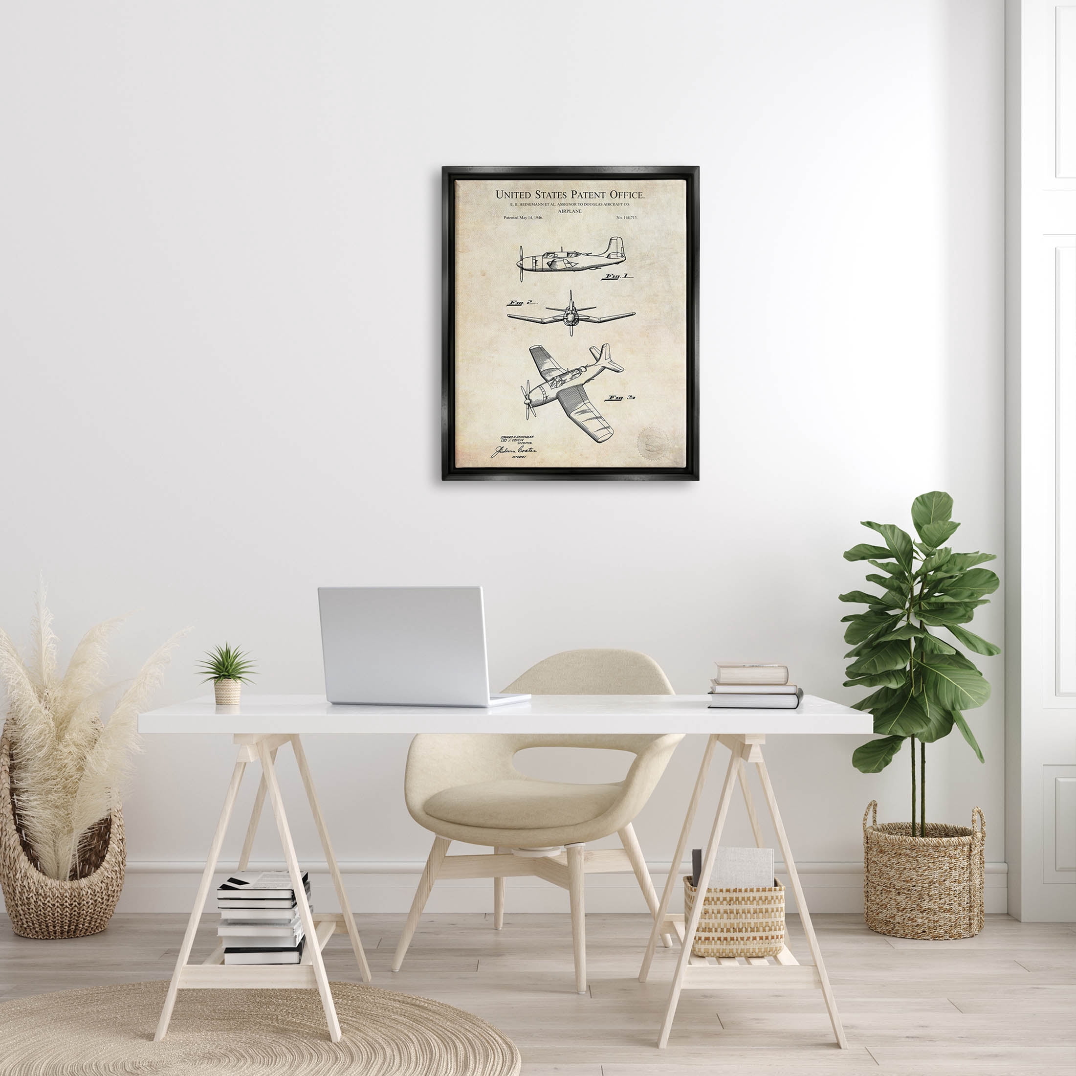 Stupell Industries Vintage Distressed Patent Airplane Graphic Art Jet Black Floating Framed Canvas Print Wall Art, Design by Karl Hronek
