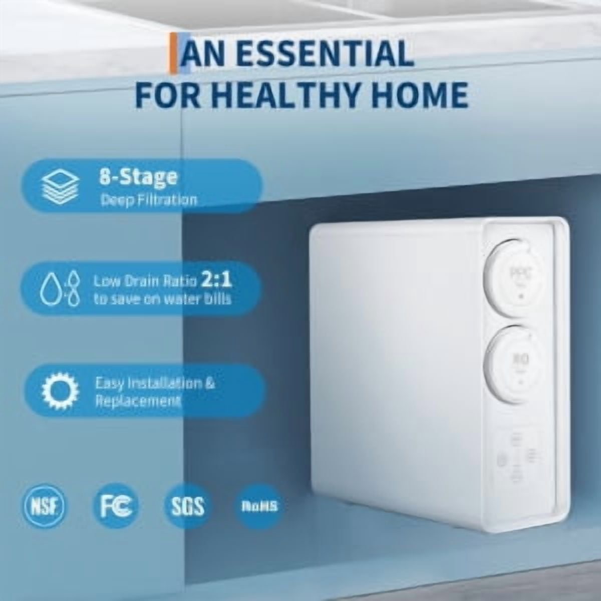 Juiluna RO System 600 GPD, Under-Sink Tankless Reverse Osmosis Water Filter, 2:1 High Pure to Drain Water-Saving, NSF/FC/SGS Certified, Smart Faucet Reminder, Reduces TDS/PFOA/PFOS