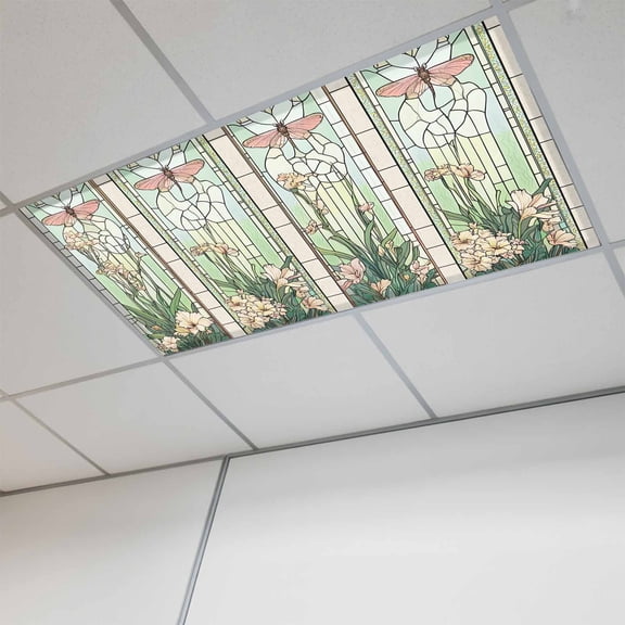 Butterfly Flowers Fluorescent Light Covers, Vintage Stained Glass Green Spring Magnetic Light Covers for Ceiling Lights, Fluorescent Ceiling Shade Filters for Classroom Bedroom Office 4x2Ft x 1PCS