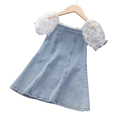 thumbnail image 5 of LYMAYTER Girls Puff Sleeve Mesh Dress Baby Kids Classic Denim Sundress Toddler Casual Skirt Dress 1-7Y, 5 of 6