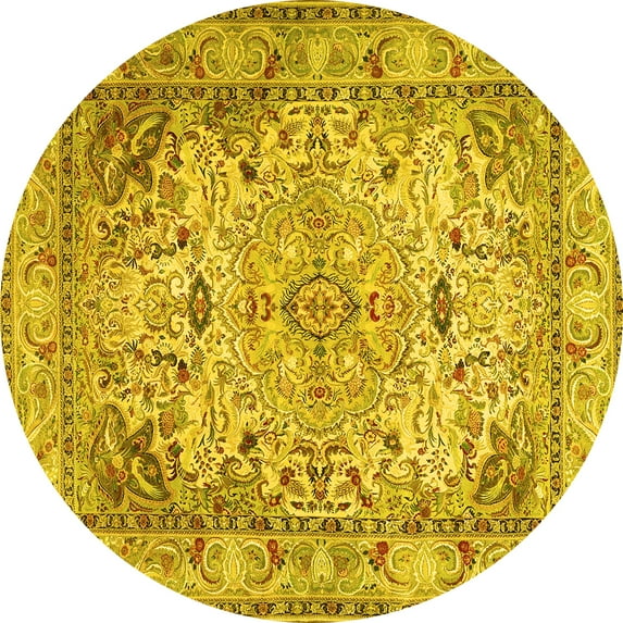 Ahgly Company Machine Washable Indoor Round Persian Yellow Traditional Area Rugs, 4' Round
