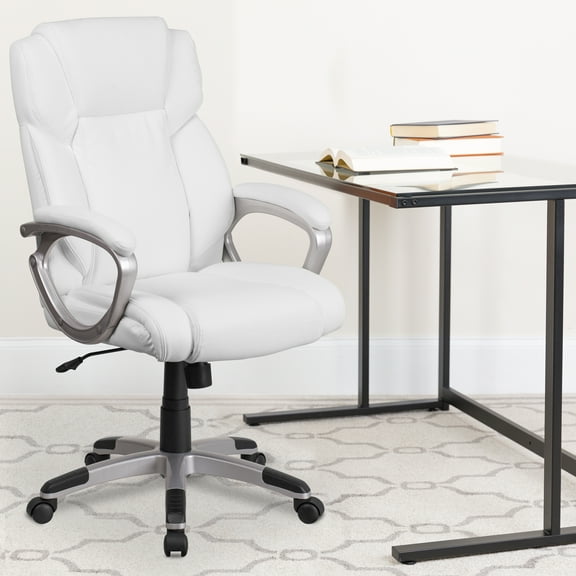 BizChair Mid-Back White LeatherSoft Executive Swivel Office Chair with Padded Arms