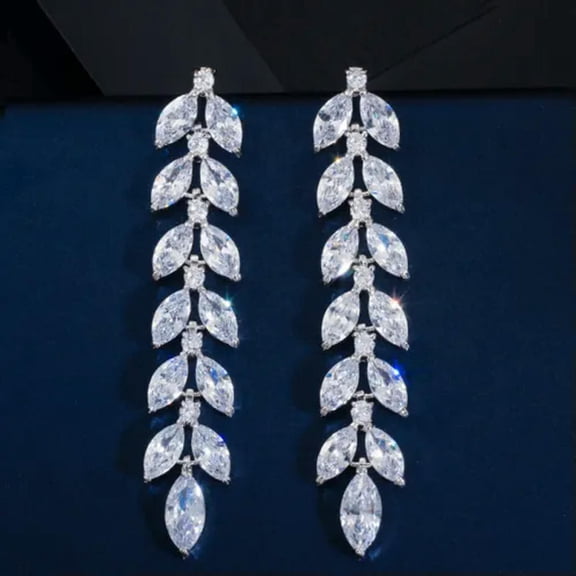 Stunning White Marquise Cut Cluster CZ Long Gold Dangle Salix Leaf Shape Earring