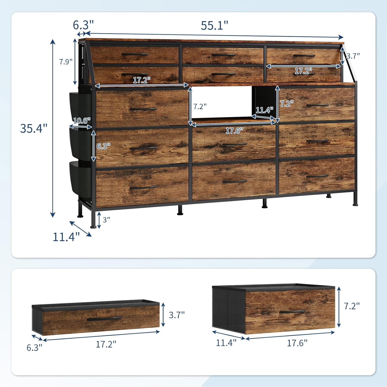 Dresser for Bedroom with 14 Drawers, 55" W Dresser with Side Pocket, Fabric Dressers & Chests of Drawers with Shelves, Sturdy Frame, Wood Top