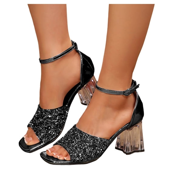 Rokment Bling Sequin Square Toe Dressy Sandals for Women Bride Wedding Delicate Sparkly Clear Chunky Block High Heels Ankle Strap Dress Pumps Summer Shoes Black Size 6