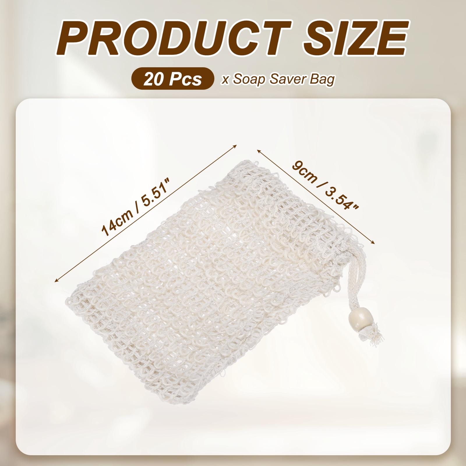 Uxcell 20 Pcs Soap Saver Bag, 5.5"x3.5" Mesh Soap Bag with Drawstring White Wooden Bead Cotton Scrubber Pouch Exfoliating Net for Body Shower Foaming Travel Camping, Beige
