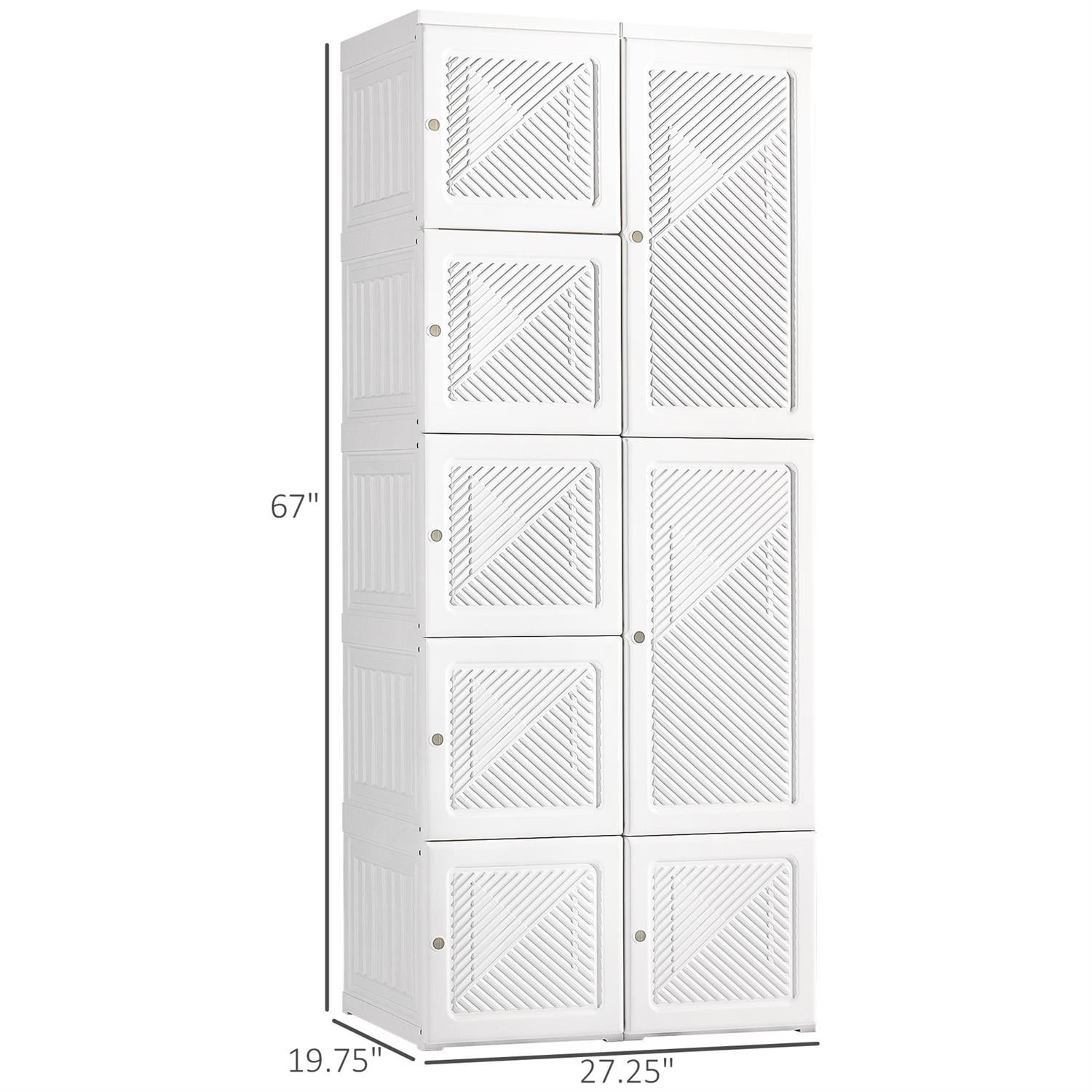 Demi Bonn 67" Folding Clothes Storage Organizer with Cube Compartments & Hanging Rod for Bedrooms, Portable Wardrobe Armoire with Magnet Doors, White