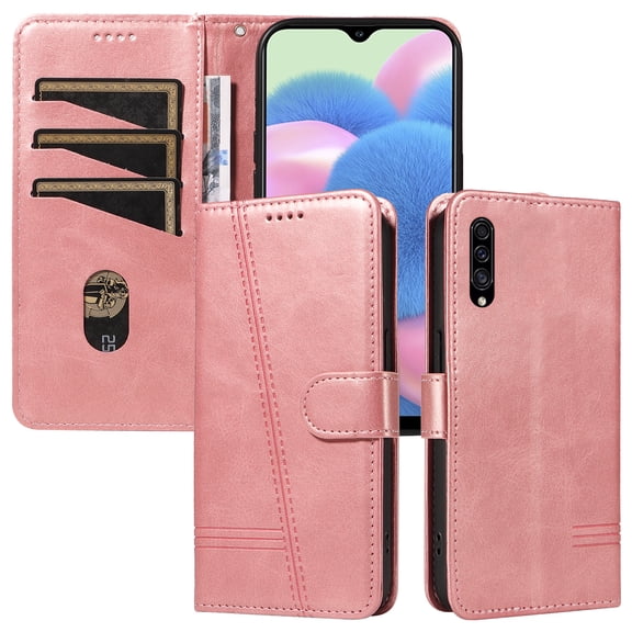 Flip Case for Samsung Galaxy A50, 360 Degree Protection Shockproof PU Leather Wallet Phone Cover, Kickstand and 3 Card Slots, Rose Gold