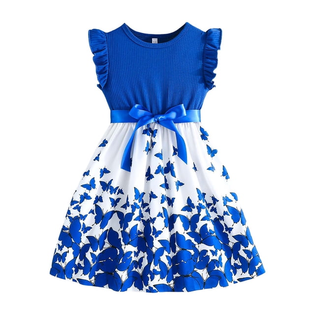 felwors Girls' Summer Butterfly Print Dress Sleeveless Ruffled A-Line Sundress Holiday Party Daily Wear for 5-10Years