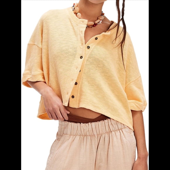 Suéter Corto con Botones Y2K para Mujer, Cárdigan de Color Liso con Cuello Redondo y Mangas , Top de Punto, Ropa de Calle. Amarillo XL