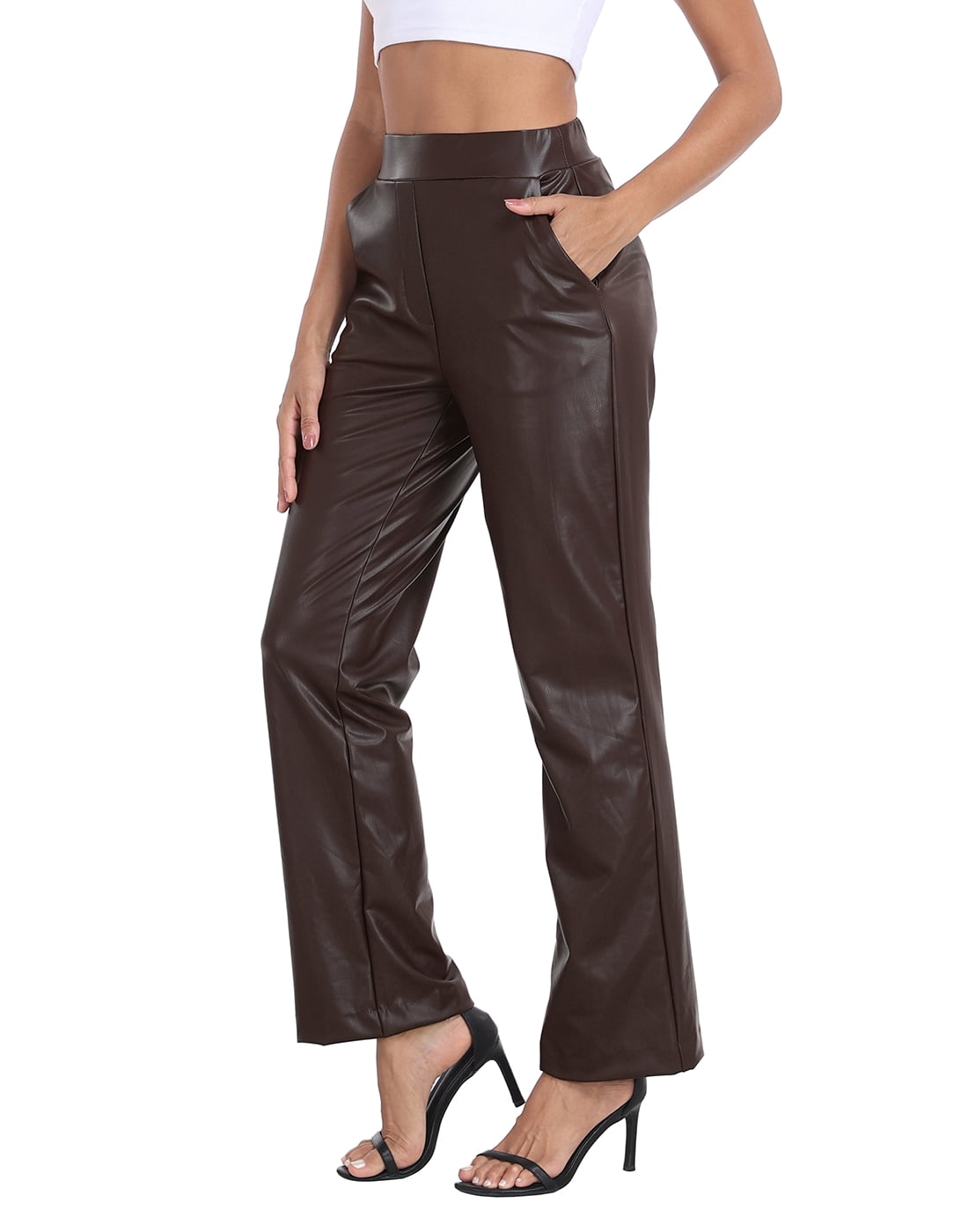 HDE Women's Pull On Faux Leather Kick Flare Pants with Pockets Dark Brown - M