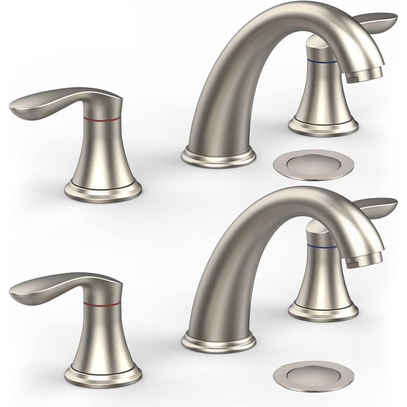 YUSAZENS Robinet de Lavabo de Salle de Bain 3 Trous avec Drain Pop-Up et Conduites d'Eau Chaude et Froide, Robinet de Salle de Bain Moderne pour Lavabo de Coiffeuse, Facile à Installer, Argent 2 Pcs