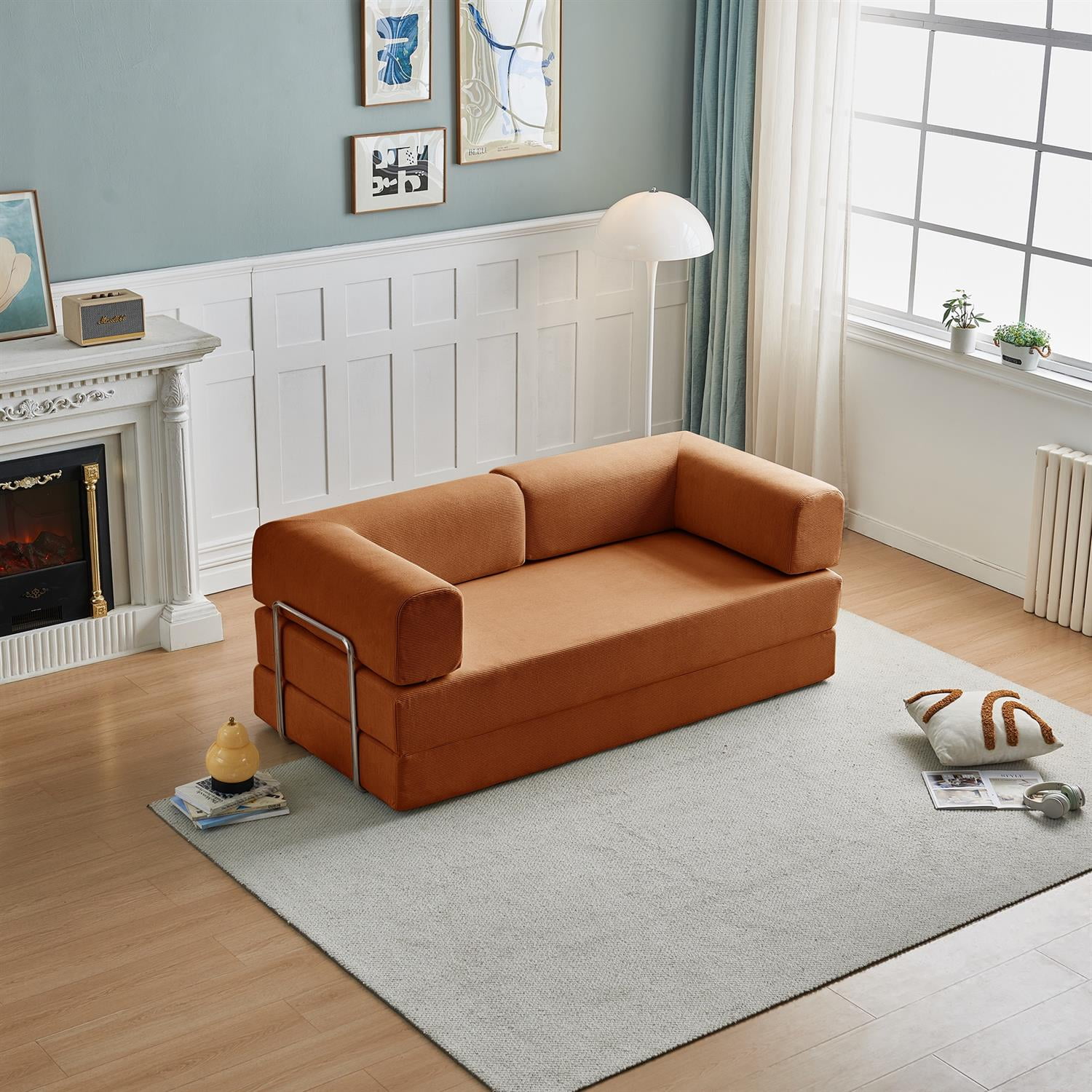 Demi Bonn 74" Ergonomic 3-Seater Corduroy Sofa Bed for Small Spaces, Apartments, Easy Assembly, Modern Couch Furniture for Living Rooms, Orange