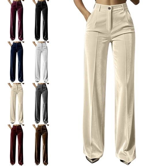 Zysthvn Wide Leg Pants Women Business Casual Fall High Waisted Pants for Women Button Solid with Pockets Trousers