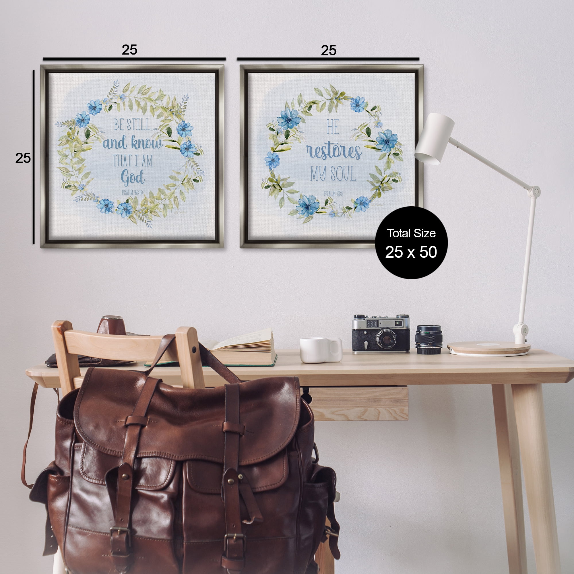 Stupell Industries Be Still Restores Psalm Religious & Spiritual Painting Gray Floater Framed Canvas Art Print Wall Art, 25 x 25, Set of 2