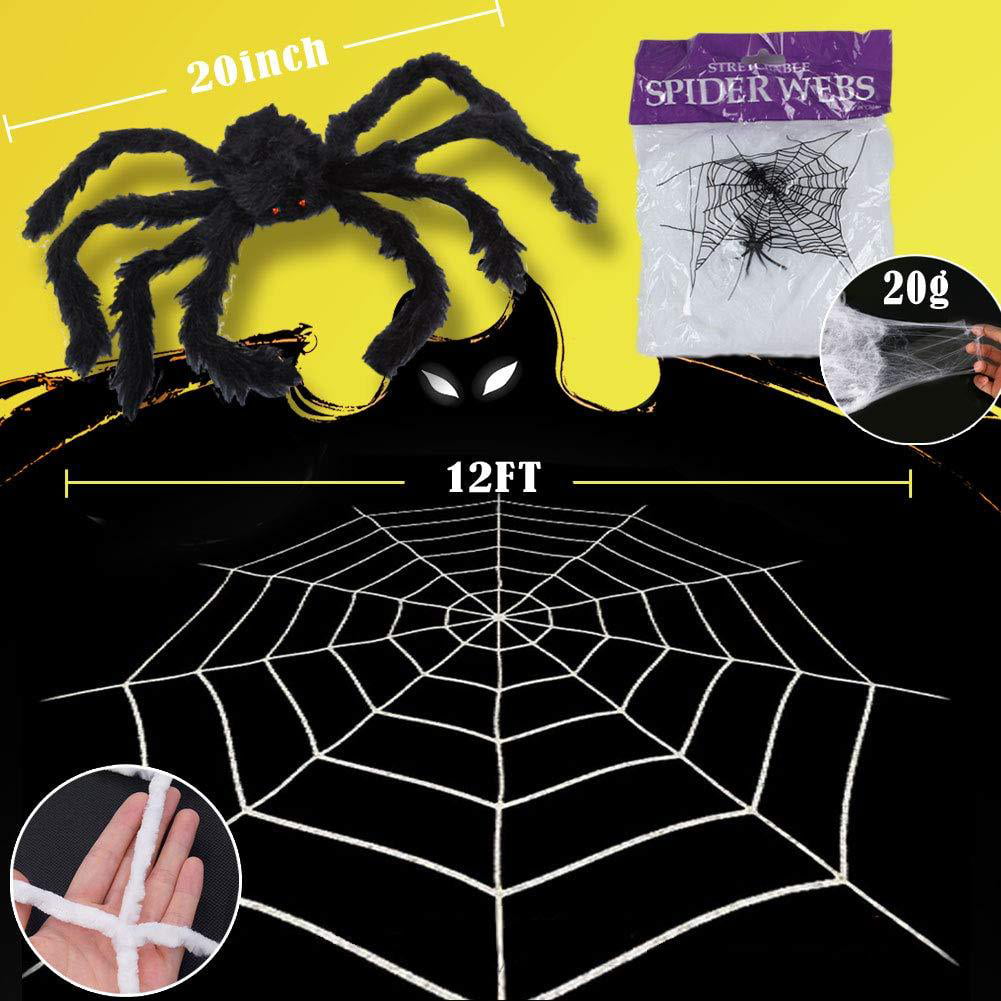 NORSENS 12ft Spider Web 30inch Giant Halloween Spider with 200sqft Stretchy Spider Webs and 20pcs Fake Spiders for Halloween Decorations Outdoor and Indoor