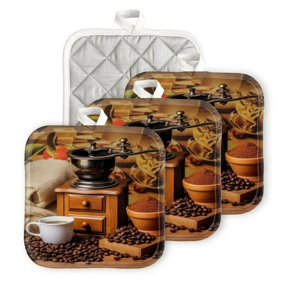 Bahomeck Pot Holder 4Pcs,Old-Fashioned Coffee Grinder With Scattered Beans Square Heat Resistant Hot Pads For Kitchen Cooking Oven With Hanging Loop Potholder Easy To Store