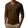 thumbnail image 2 of Men's V-Neck Solid Color Long Sleeve T-Shirt Casual Basic Tee Minimalist Style Loose Fit Comfortable Everyday Crew Top,Brown,L, 2 of 6