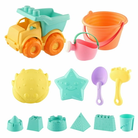 SHANNA Kids Beach Play Set Beach Tool Kit Including Sand Cart, Bucket, Shovel, Mould, with Mesh Bag, Multicolored, Gift for Kids (13Pcs)