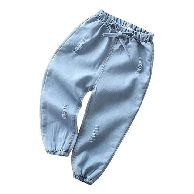 Birdeem Childrens Casual Solid Color Destructive Style Loose Drawstring Mosquito Proof Leg Binding Denim Pants