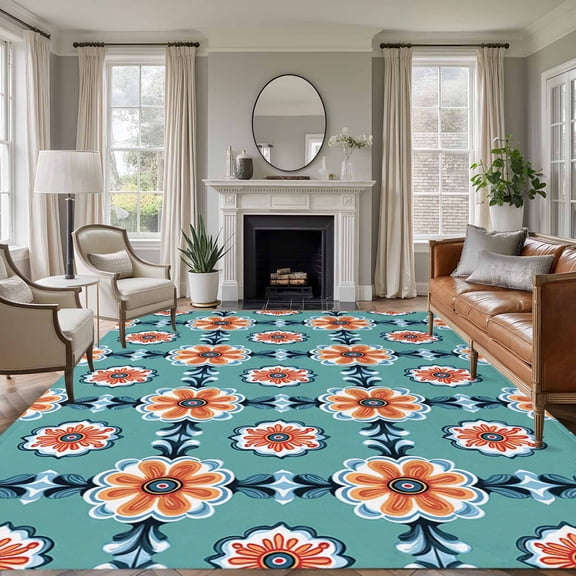 8'x10' Area Rugs, Orange Teal Blue Indoor Outdoor Area Rug for Living Room Bedroom, Modern Abstract Floral Ethnic Washable Bathroom Rugs Kitchen Floor Carpet Mats Home Decor Aesthetic