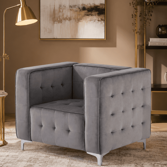 Gewnee 36.22" Velvet Tufted Accent Chair with Solid Wood Frame & Metal Legs, Dark Grey for Living Room & Bedroom