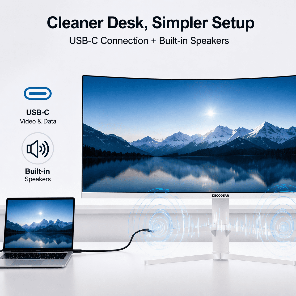 Deco Gear 49" White Curved Ultrawide Monitor, 5120×1440, 120Hz, 1ms MPRT, 32:9, HDR, Adaptive Sync, USB-C, HDMI, DisplayPort, Built-in Speakers, PIP/PBP, White Design
