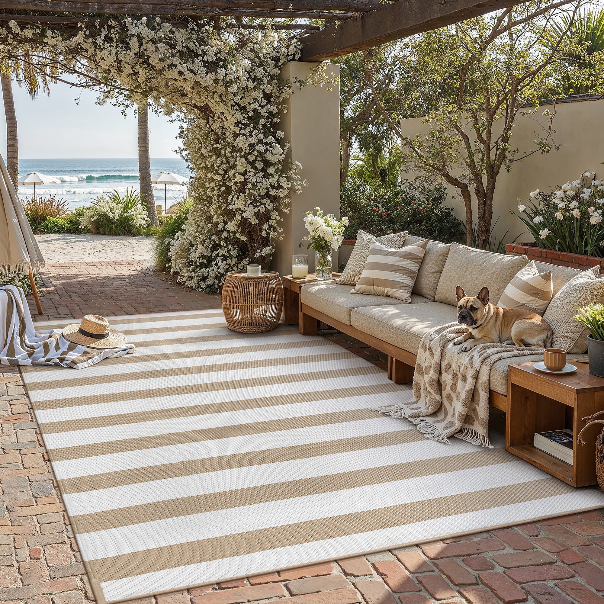 BERTHMEER Outdoor Rugs 8'x10' on Sale Clearance Waterproof Reversible Patio Rugs Geometric Stripes Large Lightweight Plastic Straw Carpets for RV Camping Deck Balcony Beach Picnic,Beige White