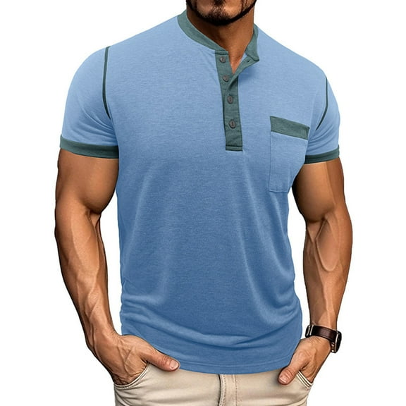 GuangCheng George Henley Shirts for Men,Color Block,Short Sleeve Tops,Slim Fit,Soft,Button Placket,Chest Pocket,Casual Wear Tees,Light Blue,Size 2XL