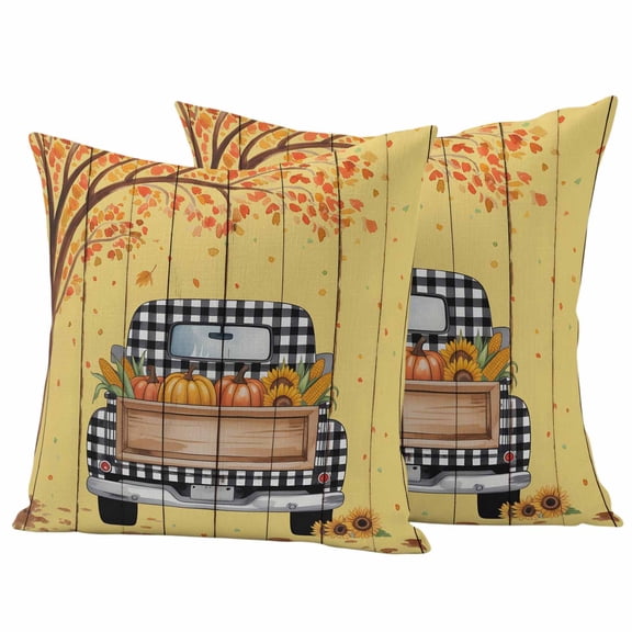 Fall Truck Outdoor Waterproof Pillow Covers, Thanksgiving Tree Maple Leaf Pumpkins Retro Decorative Square Throw Pillowcase Sofa Cushion Sham for Patio/Couch/Chair, 26"x26" 2 Pack