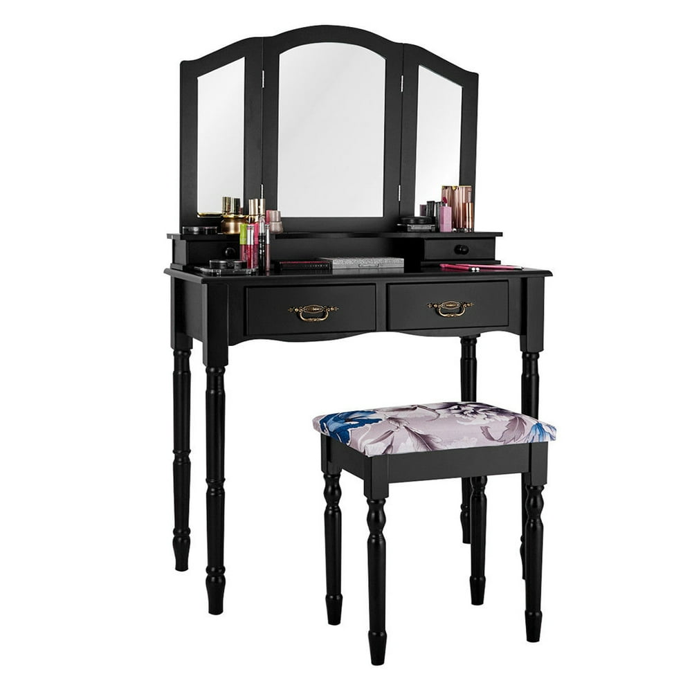 Topbuy Tri Folding Vanity Mirror Makeup Table Set w/4 Drawers & Stool