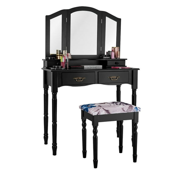 Topbuy Tri Folding Vanity Mirror Makeup Table Set w/4 Drawers & Stool Black