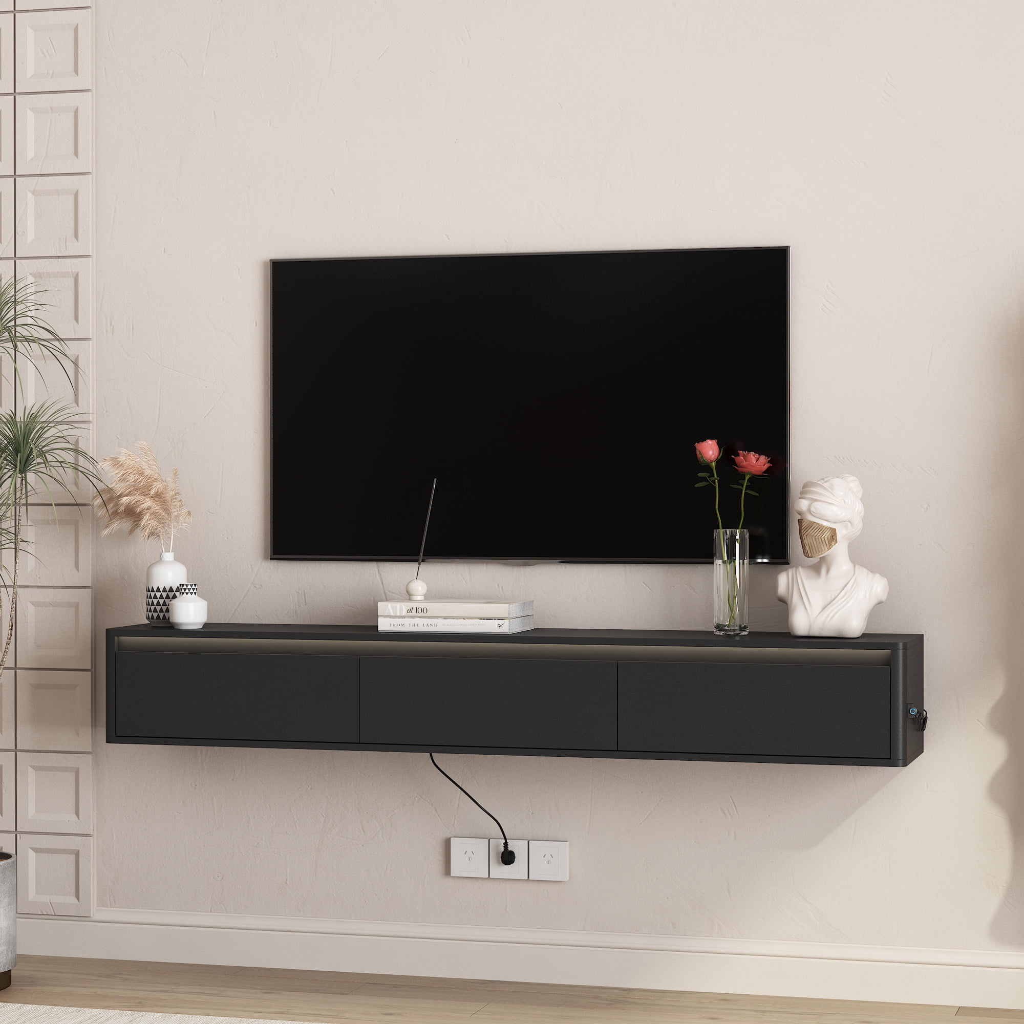 Aukfa Floating TV Stand for TVs up to 75",Wall Mounted TV Shelf High Gloss TV Cabinet with Led Lights & Power Outlet,Black